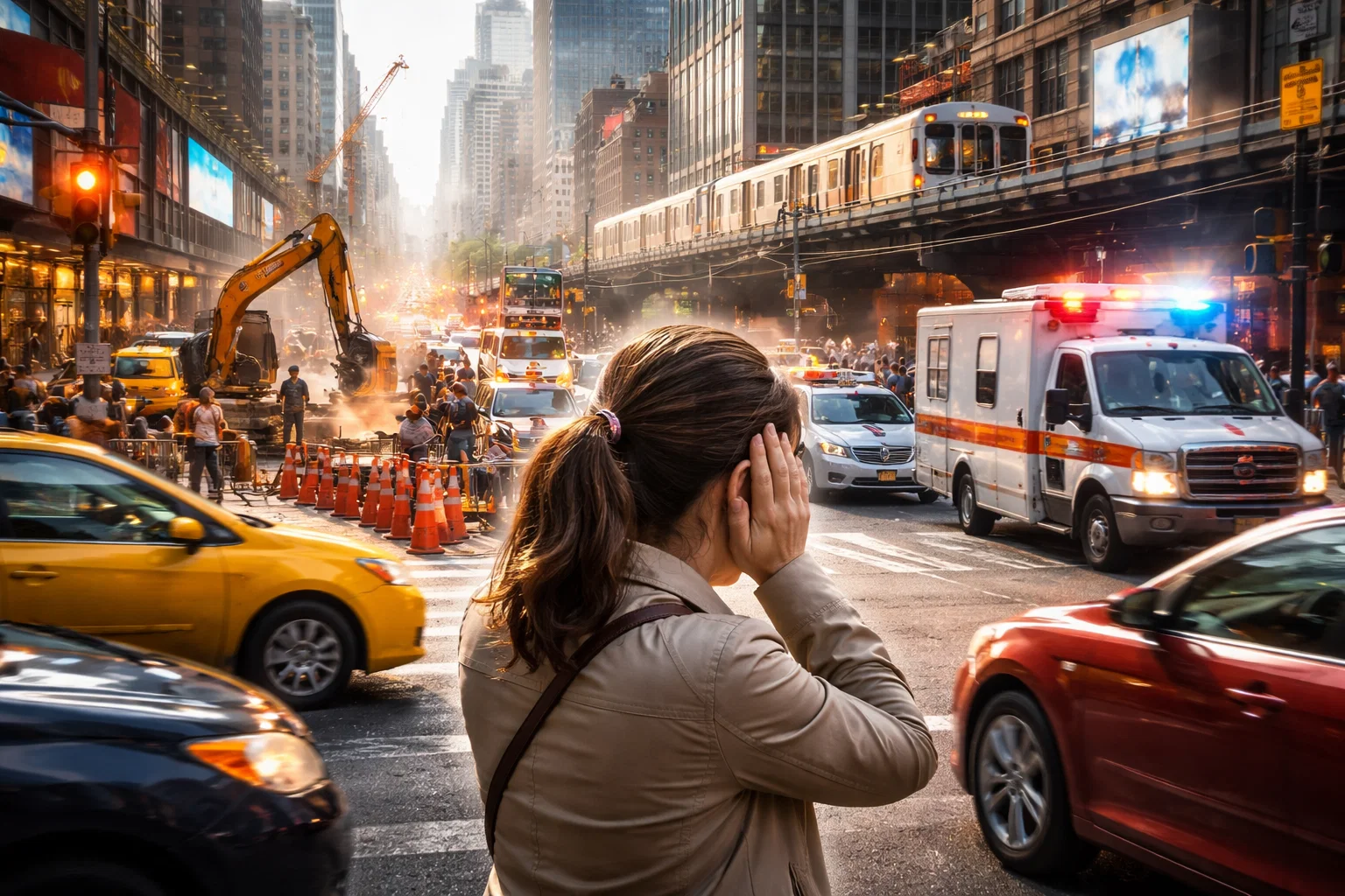Modern urban environment with traffic, construction, and various noise sources affecting hearing health in daily life