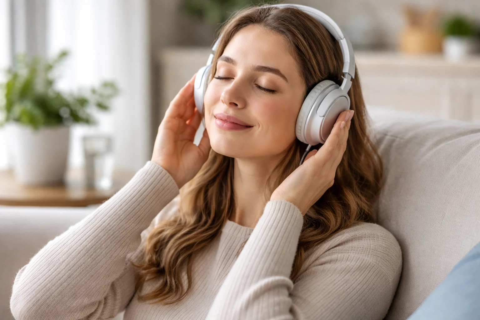 Person wearing modern noise-cancelling headphones in peaceful indoor environment demonstrating healthy listening habits and hearing protection